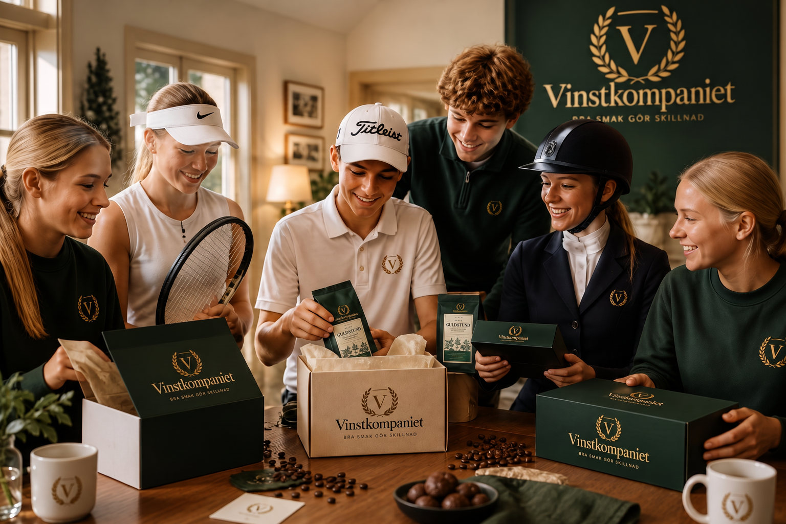 Glada ungdomar från tennis-, golf- och ridklubbar packar upp kaffe och presentaskar från Vinstkompaniet